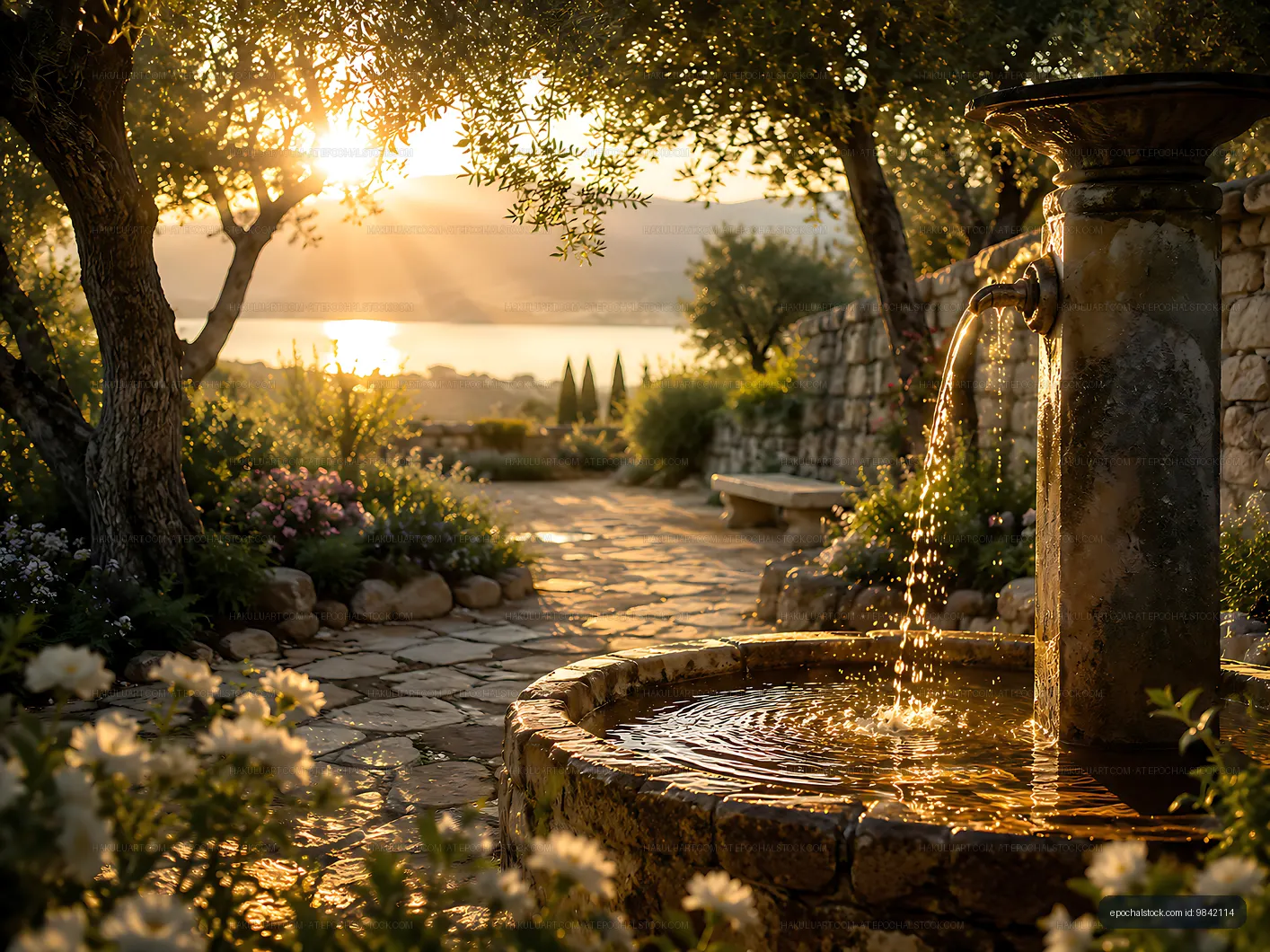Sunset view of a stone fountain at a garden path