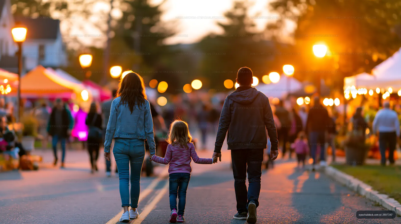 Family strolls at dusk through a lively outdoor market