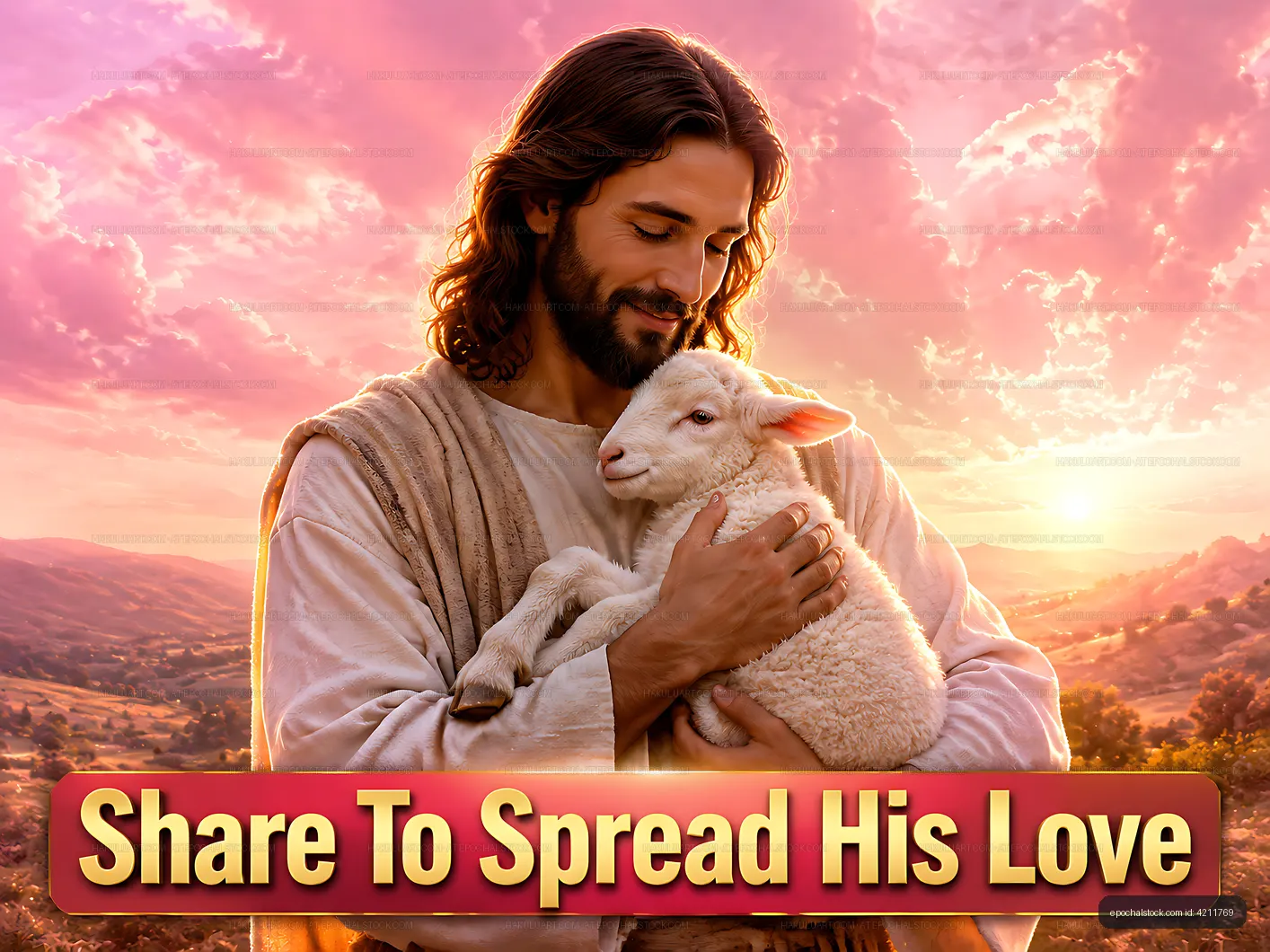 Man holding a lamb with a sunset background and message of love