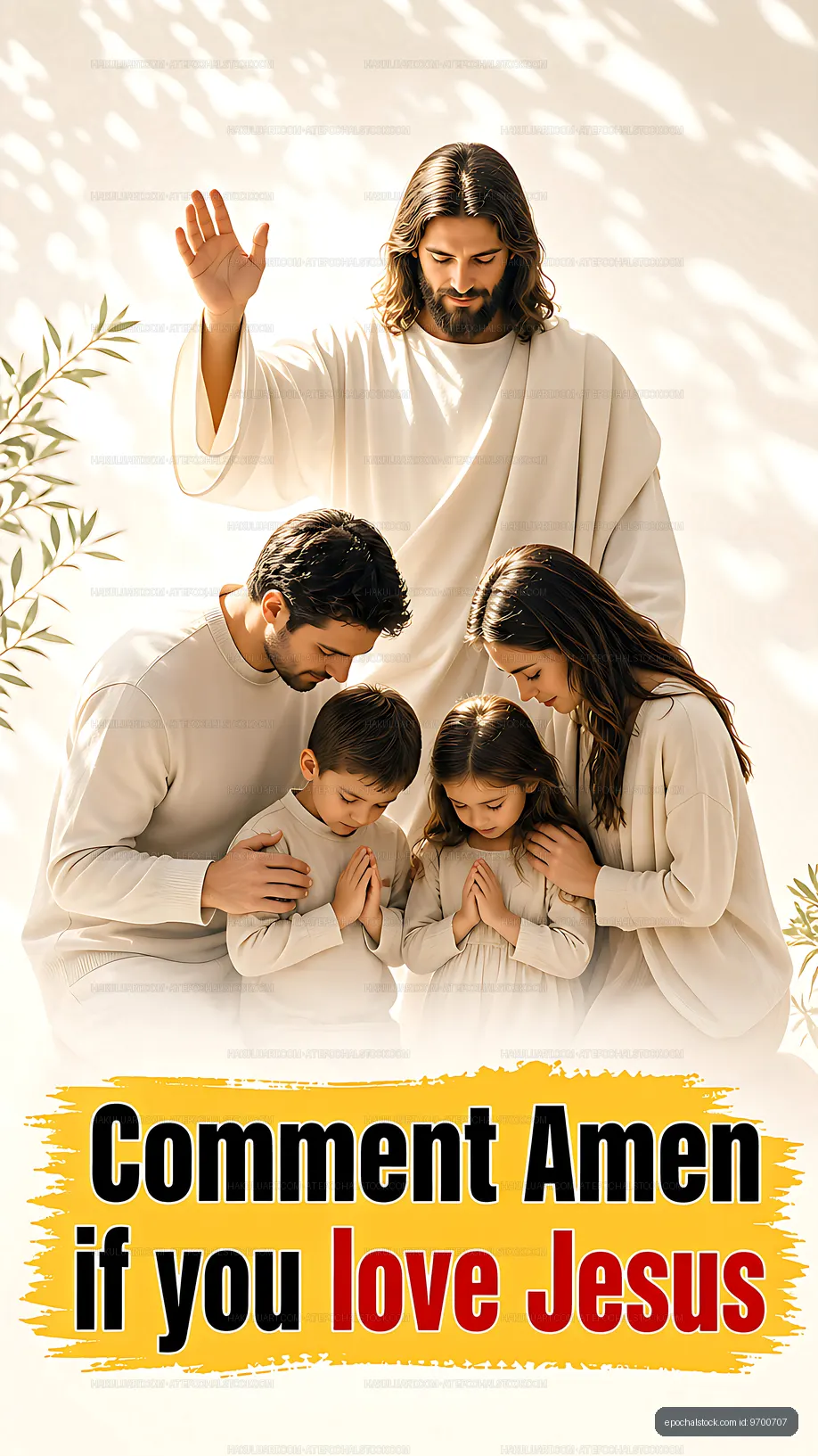 Family praying together in a bright setting
