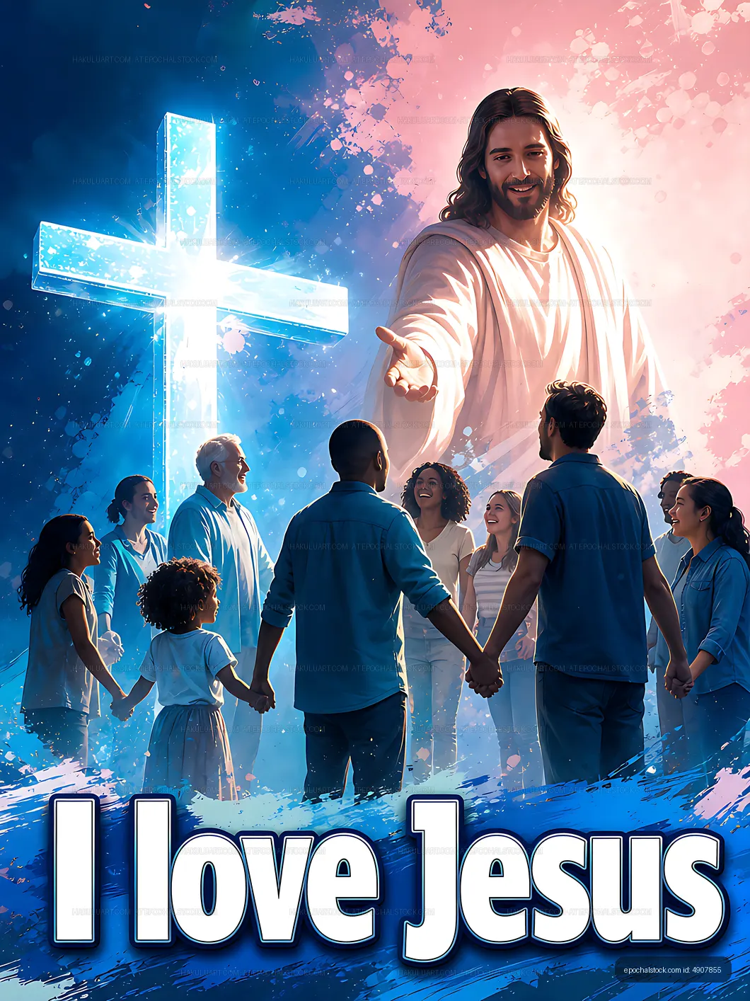 People holding hands in prayer under a glowing cross