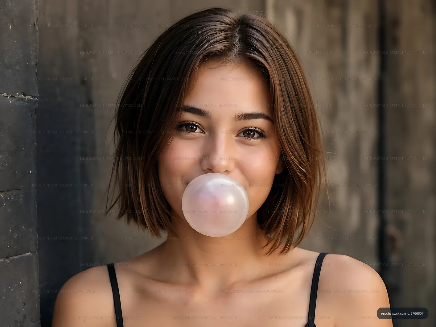 Young woman enjoying bubble gum in urban setting