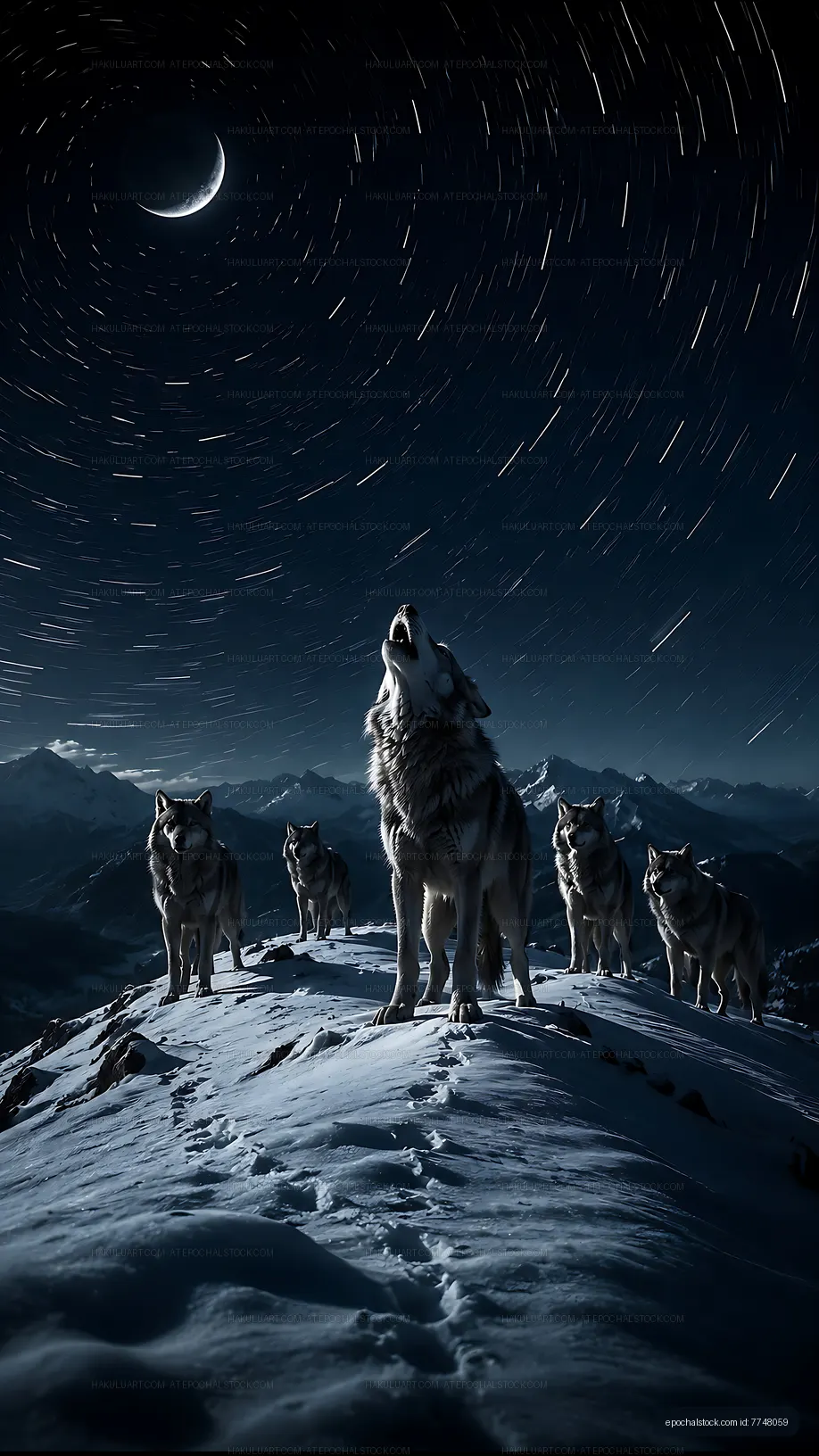 Wolves howling at the moon on a snowy mountain at night