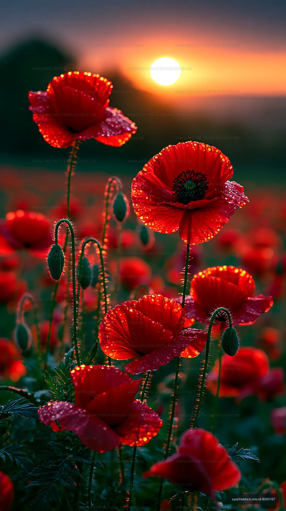 Vivid red poppies with water droplets at sunset