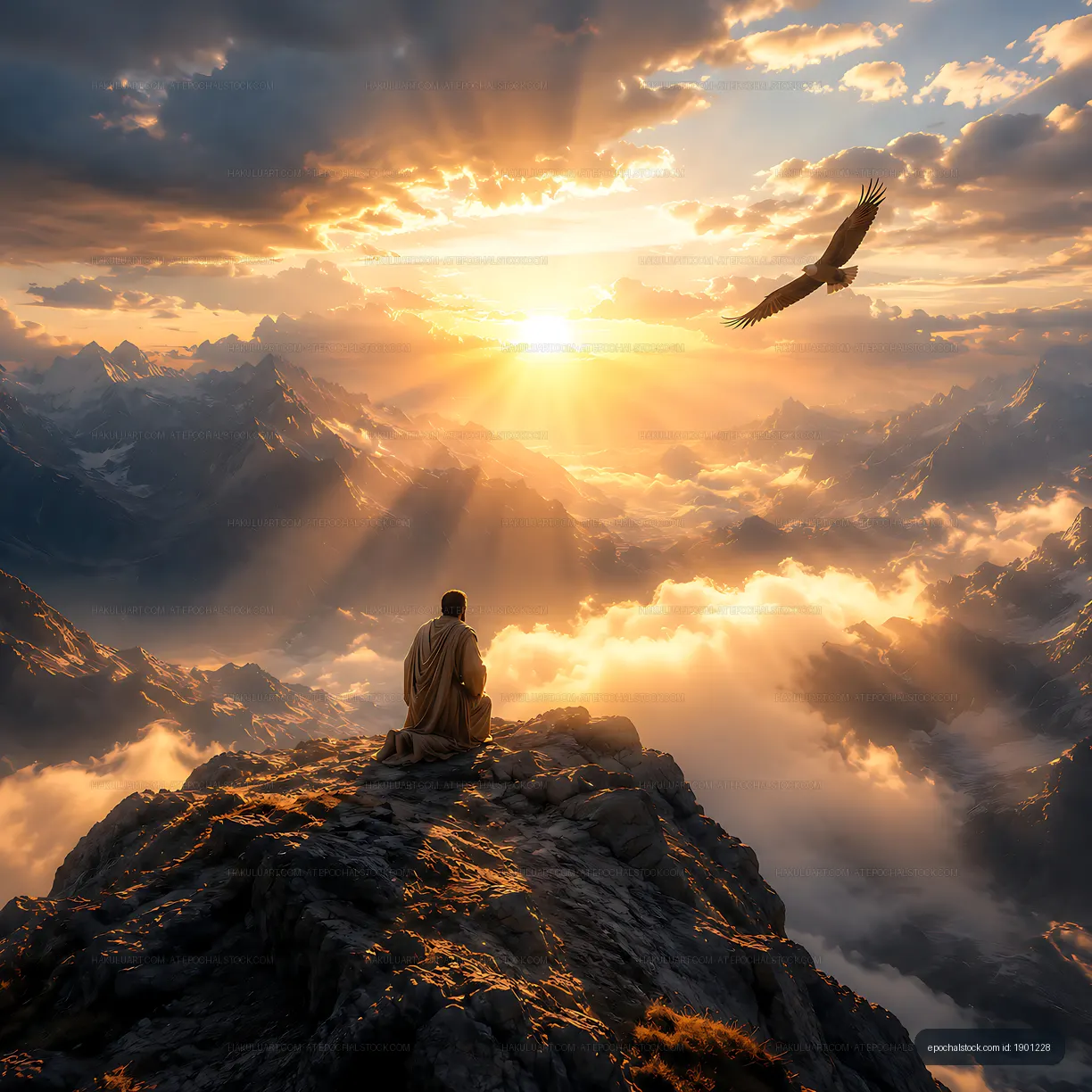 Man sitting on mountain peak at sunrise with eagle flying