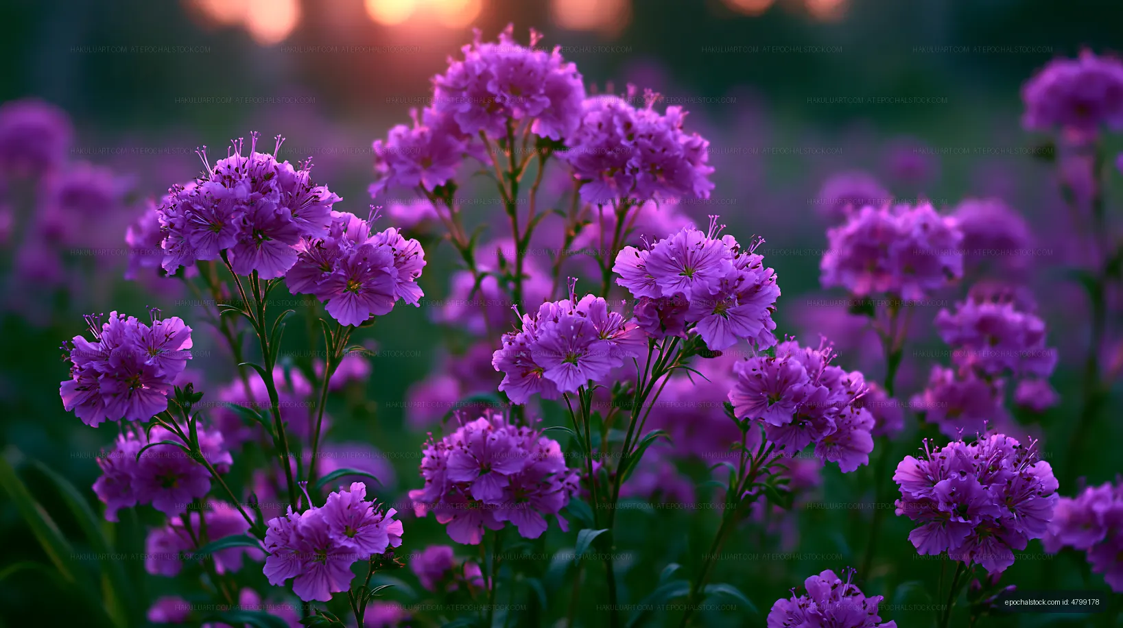 Purple flowers blooming at sunset in a field