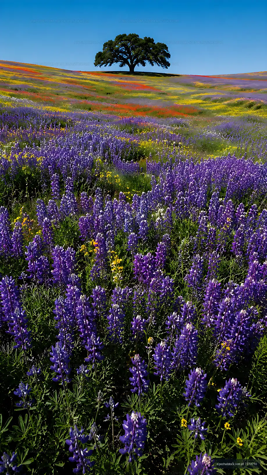 Purple wildflowers bloom in a field under a clear blue sky