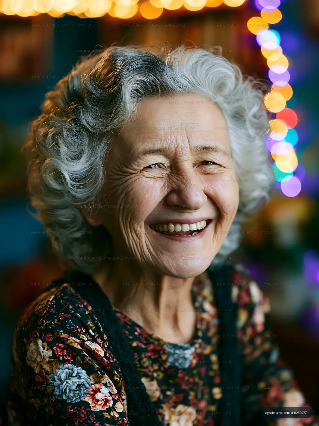 Smiling elderly woman with curly gray hair and floral dress