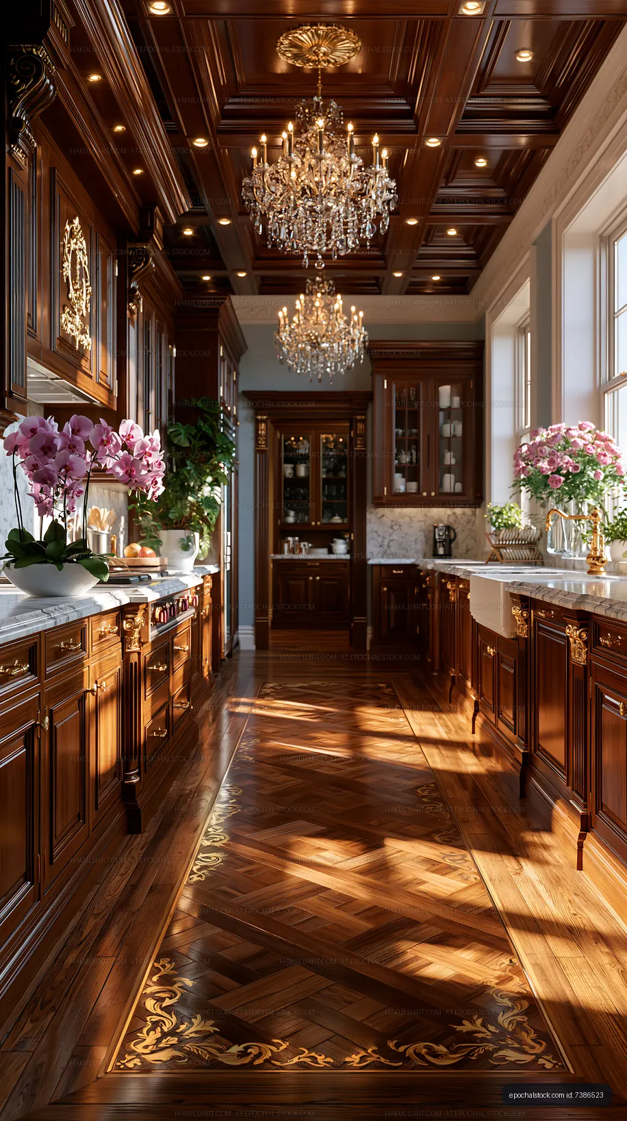 Elegant kitchen interior with wooden cabinets and chandeliers