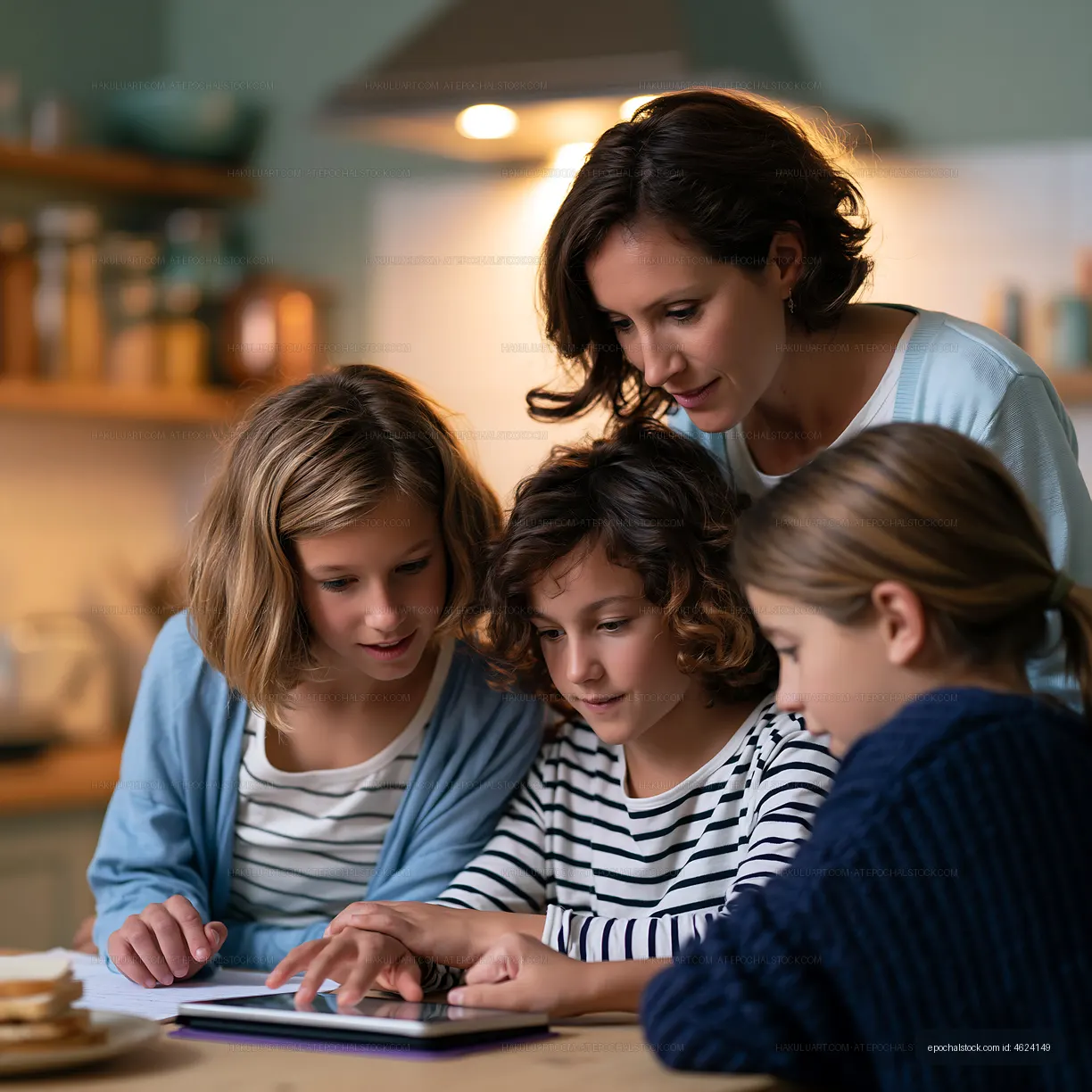 Family gathering around tablet in cozy kitchen