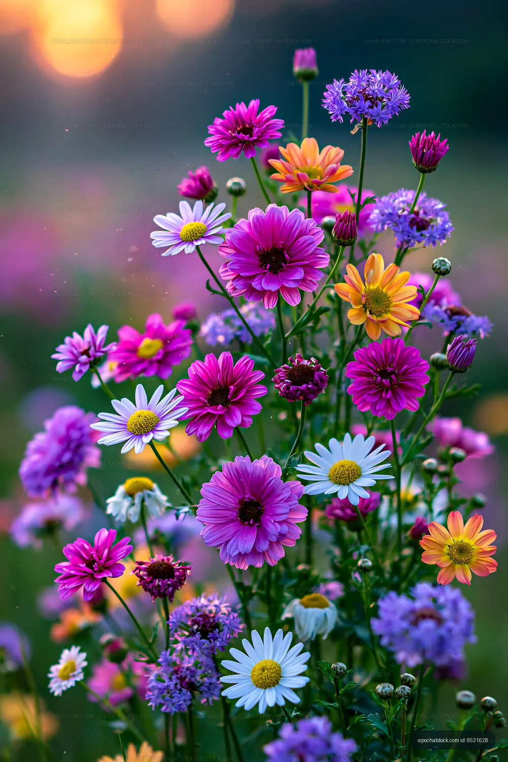 Colorful wildflowers in bloom at sunset in a serene field