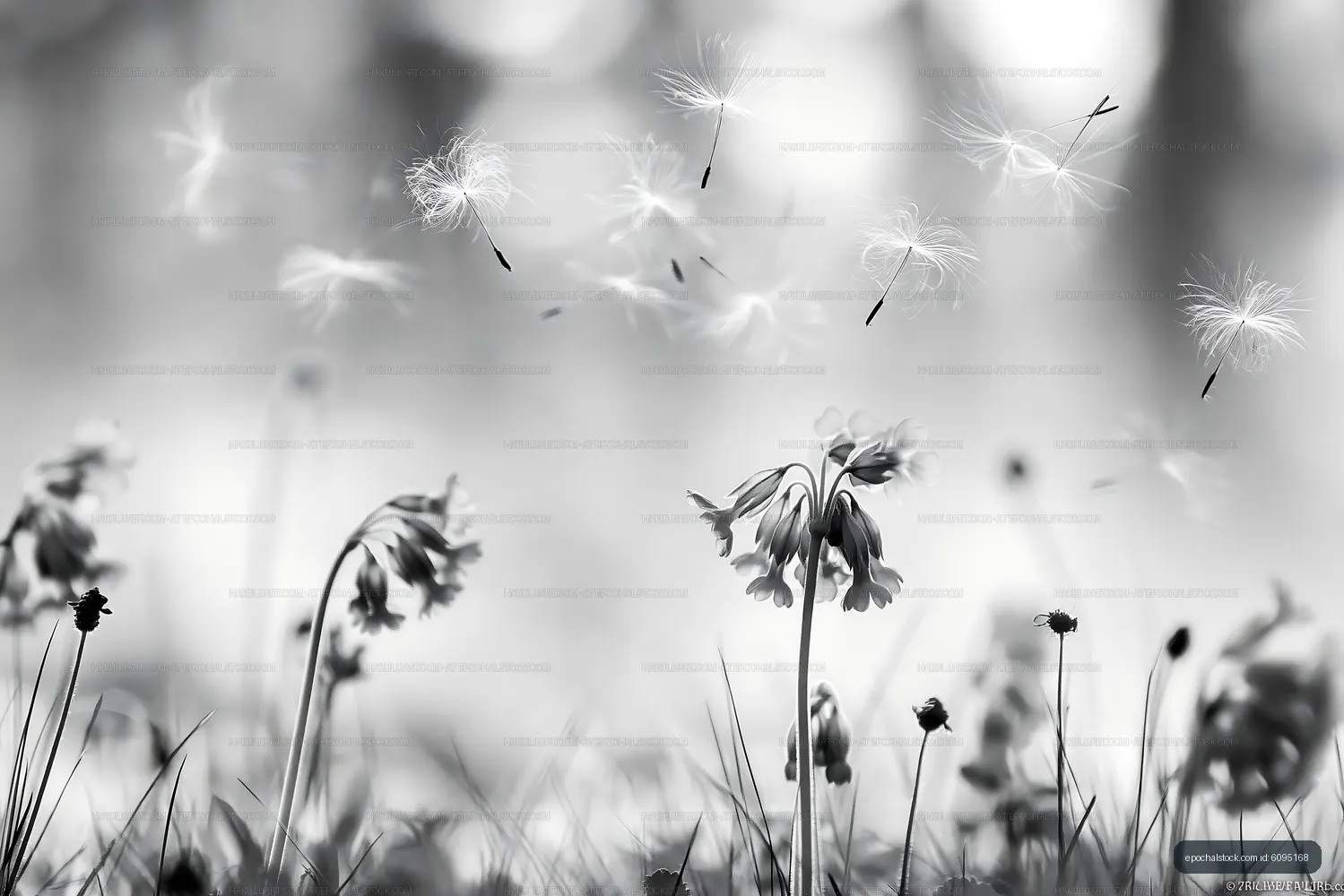 Flowers with dandelion seeds blowing in the wind on a bright day