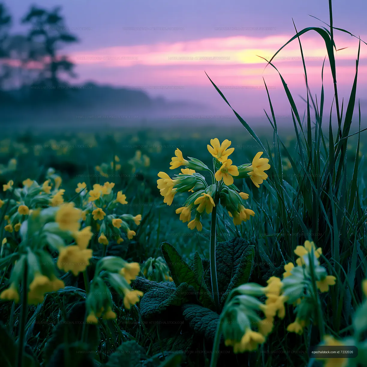 Yellow flowers bloom in a field at sunrise in spring