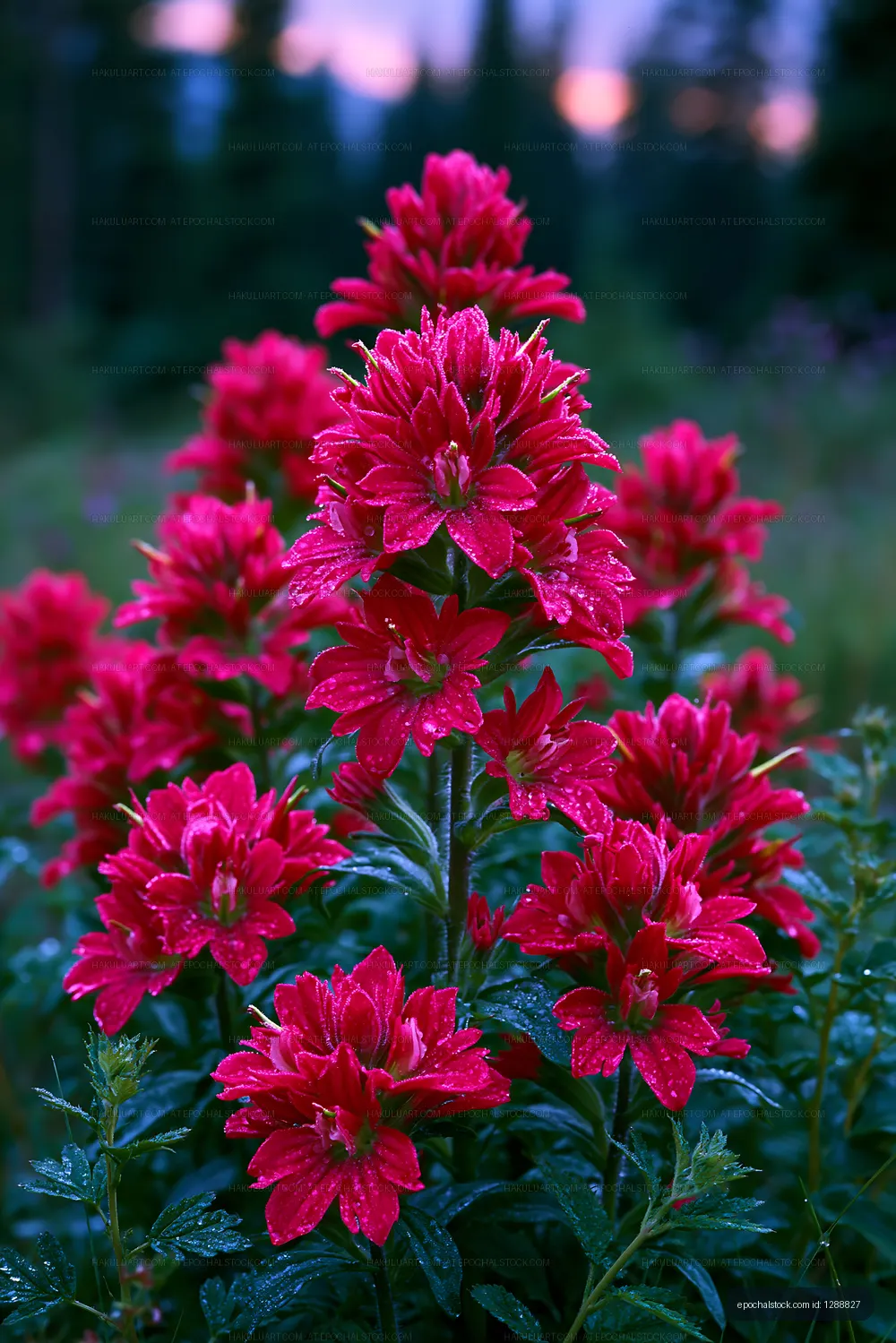 Bright red flowers grow in a field during the evening light