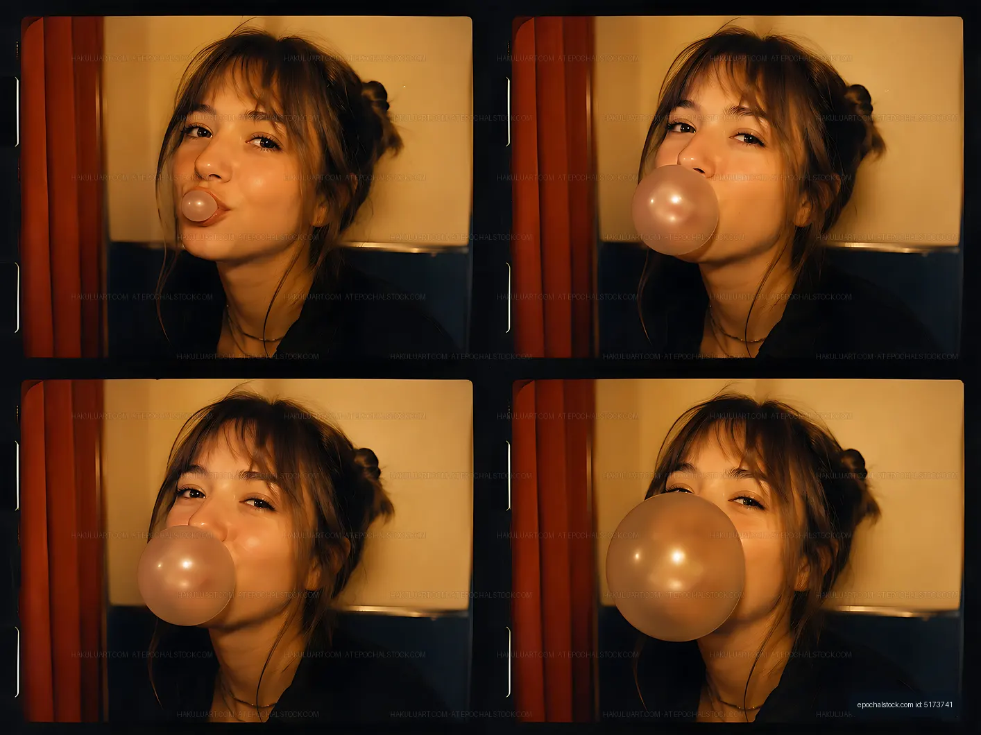 Young woman blowing bubble gum in a small room