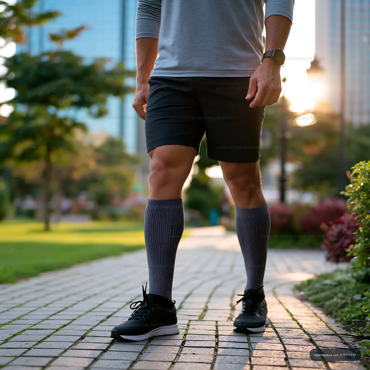 Man walking in a park at sunset wearing sports attire