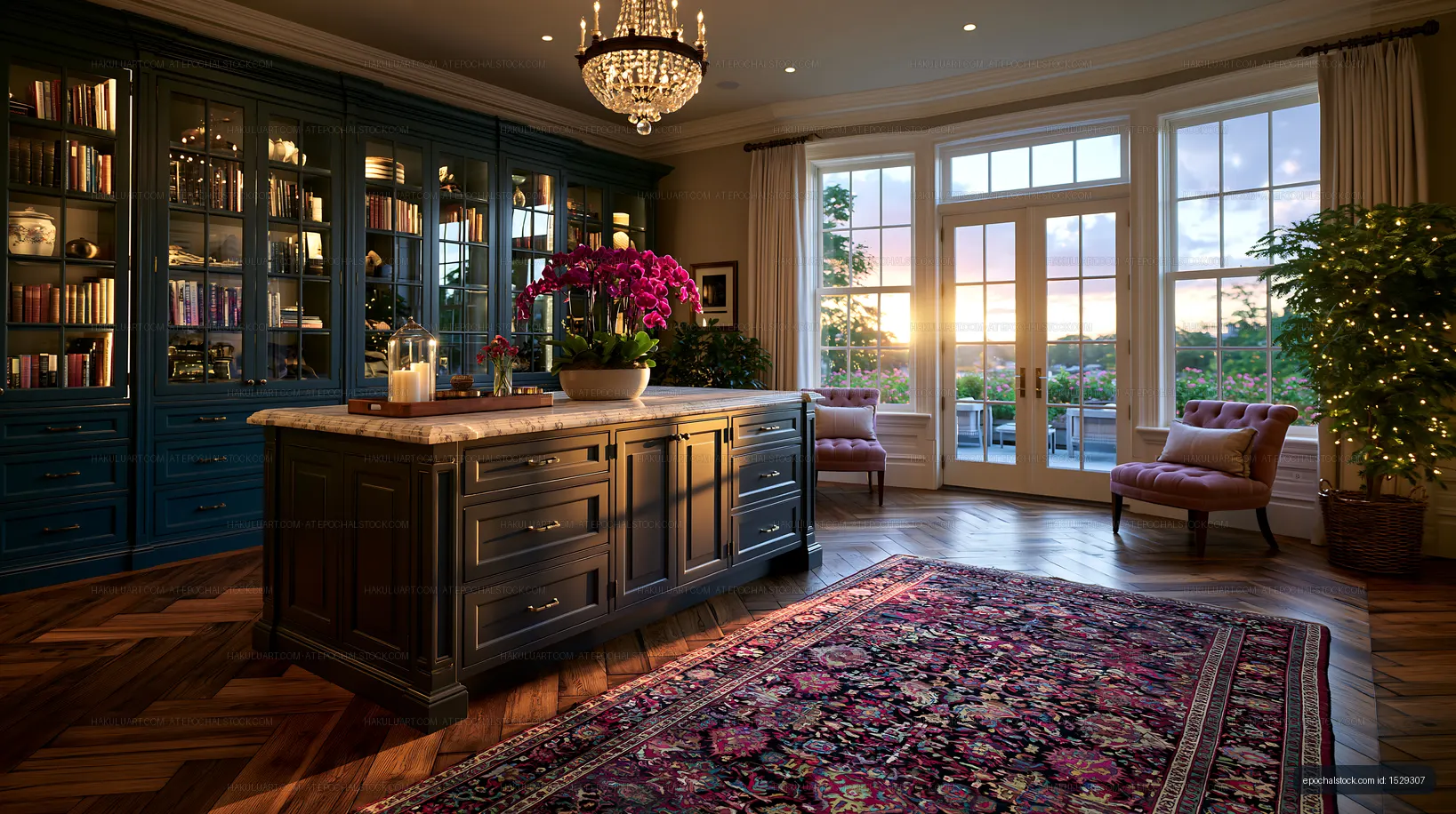 Modern kitchen with large windows and sunset view