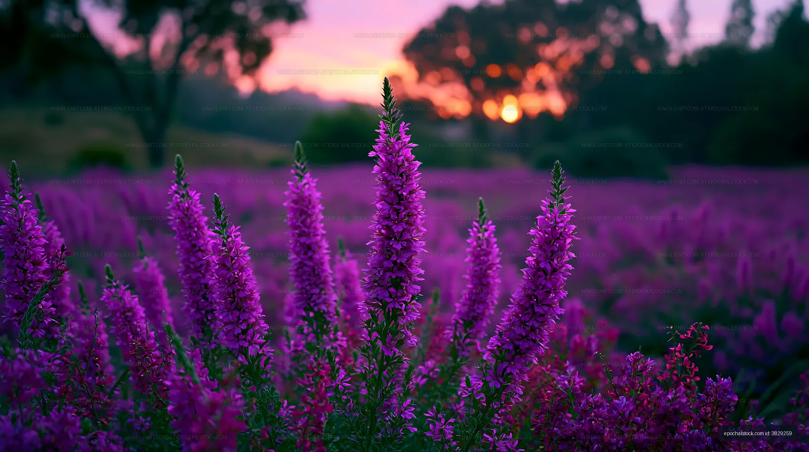 Purple flowers bloom in a field during sunset moments