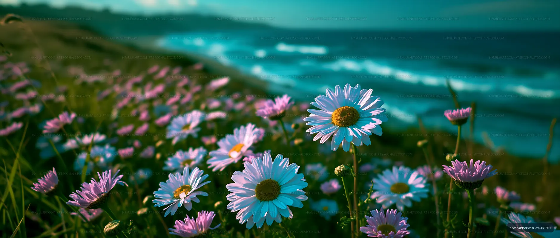 Daisies bloom near ocean waves in sunny coastal landscape