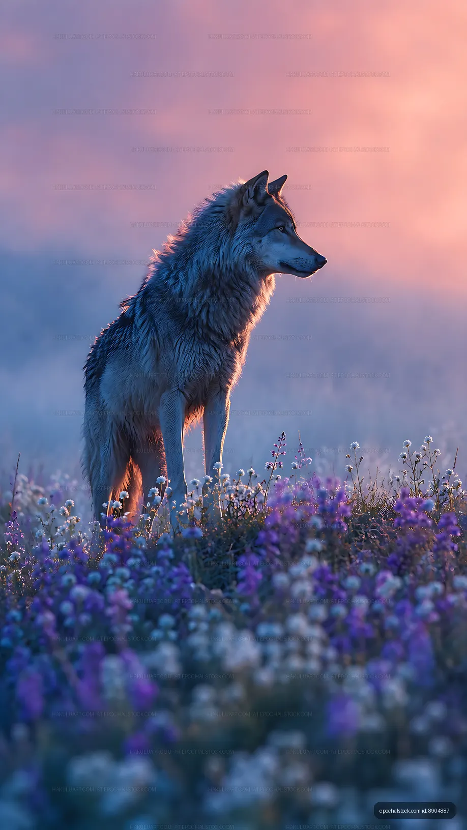 Wolf standing in a flower field at sunset