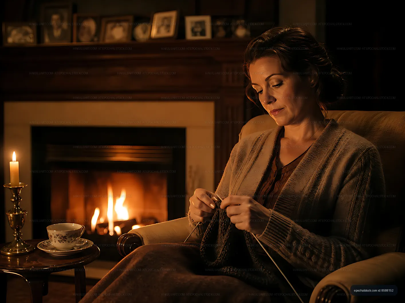 Woman knitting near a fireplace with candlelight