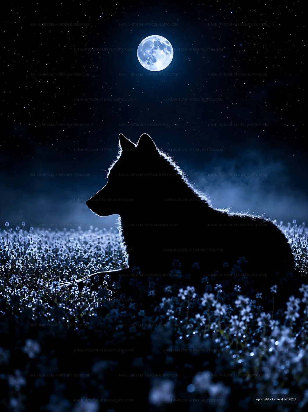 Wolf silhouette under full moon in a flower field