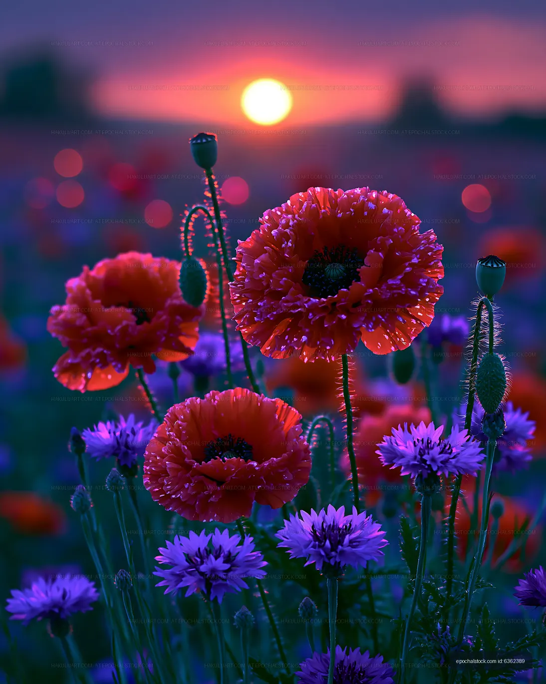 Sunset over a field of red poppies and purple flowers