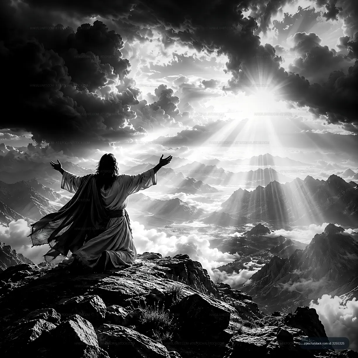 Person with arms outstretched on mountain top under dramatic sky
