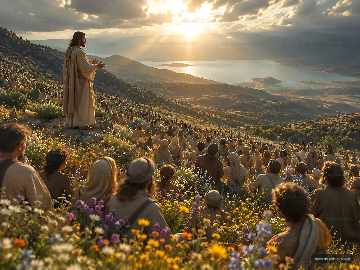 Jesus speaks to a crowd during sunset near a lake