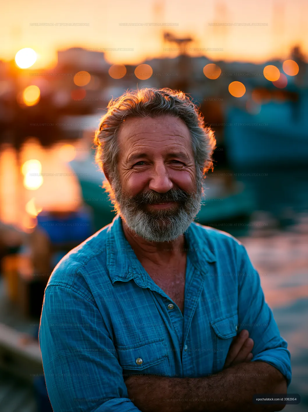 Smiling man standing by the docks at sunset