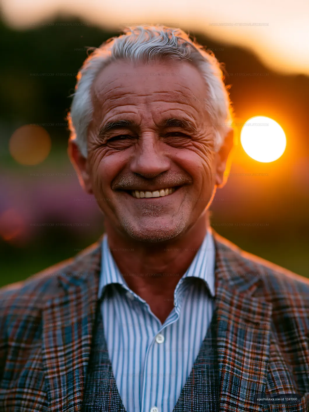 Smiling elderly man in a sunset setting with vibrant warm colors