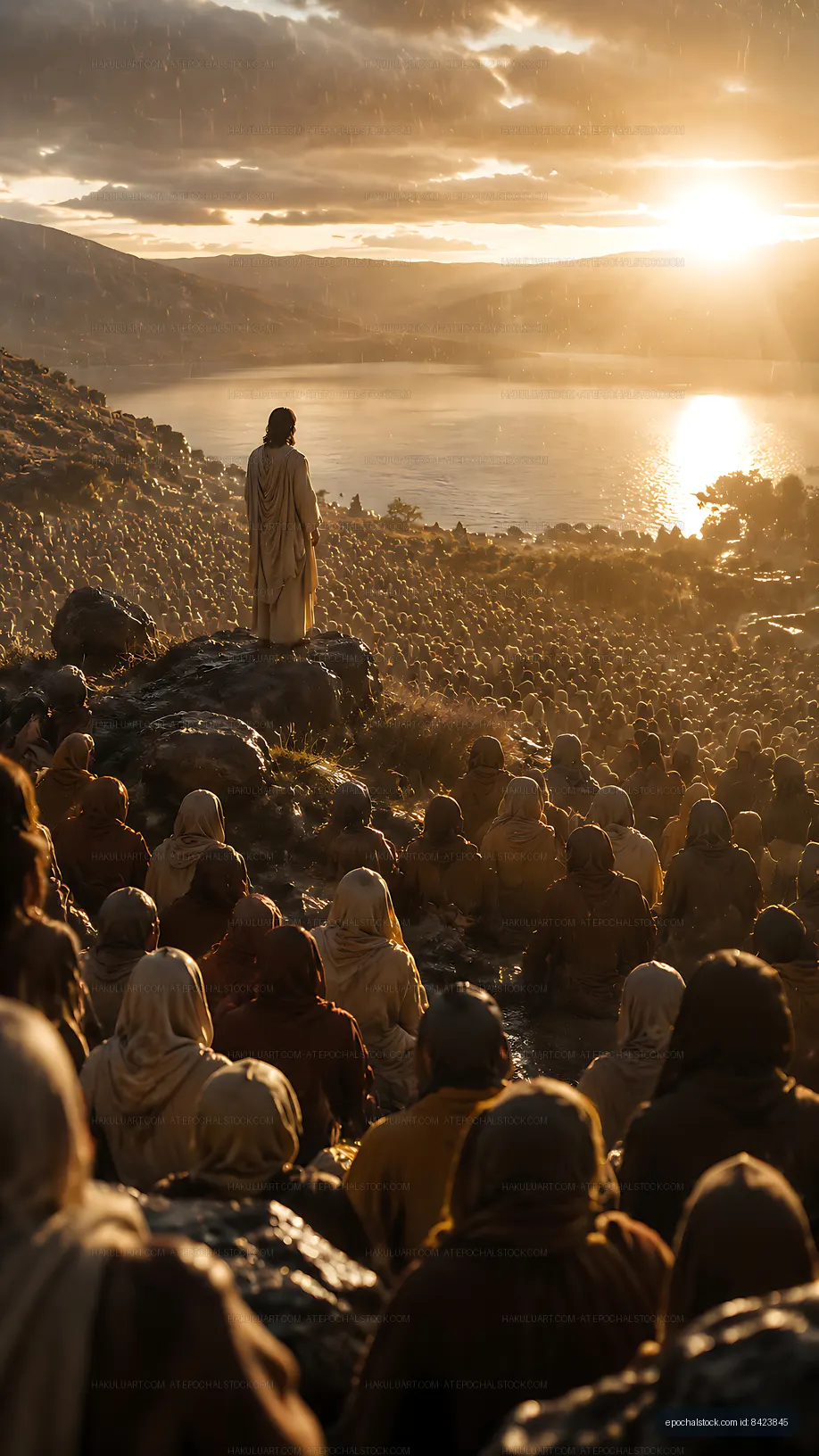 Crowd listening to a figure by the lake at sunrise