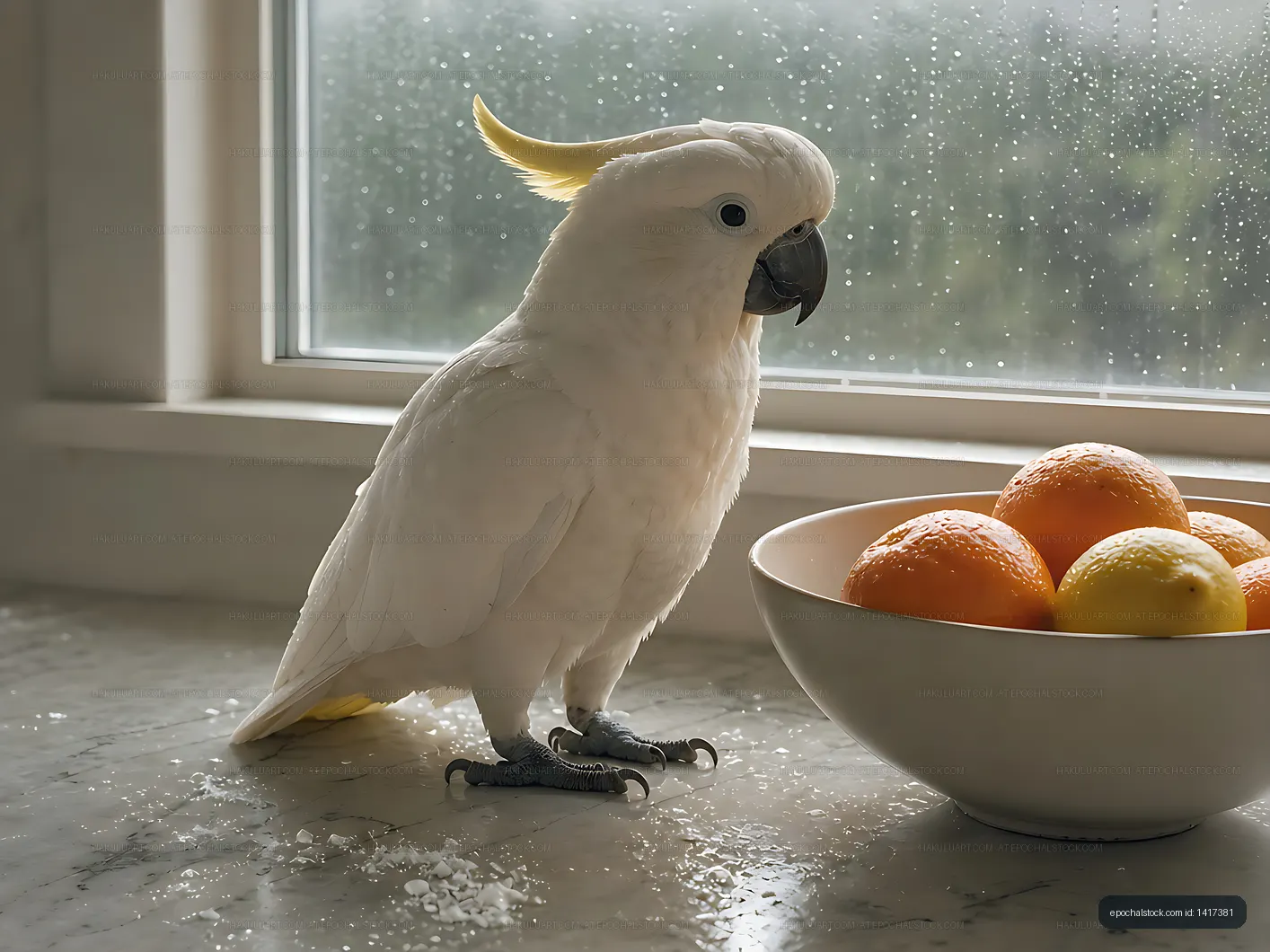 Cockatoo near a bowl of fruit by a window on a rainy day