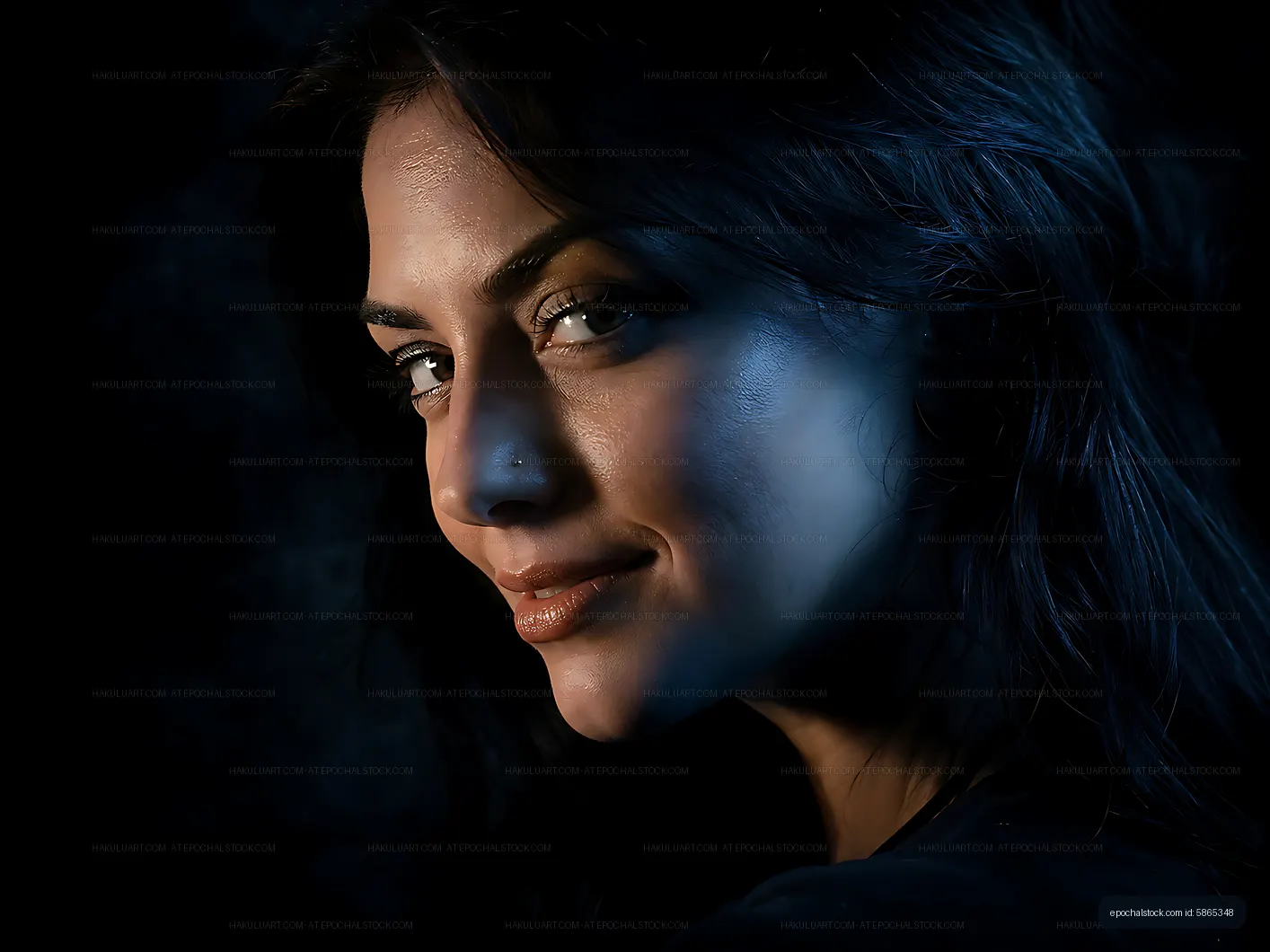 Woman with dark hair and expressive eyes in low light setting