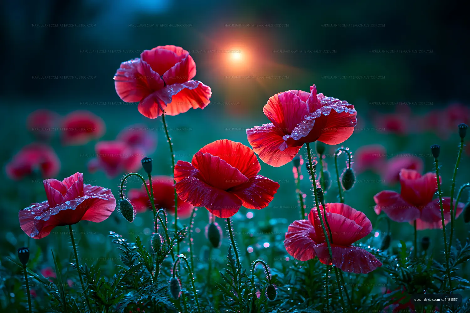 Red poppies shining in the sunlight with water droplets on petals