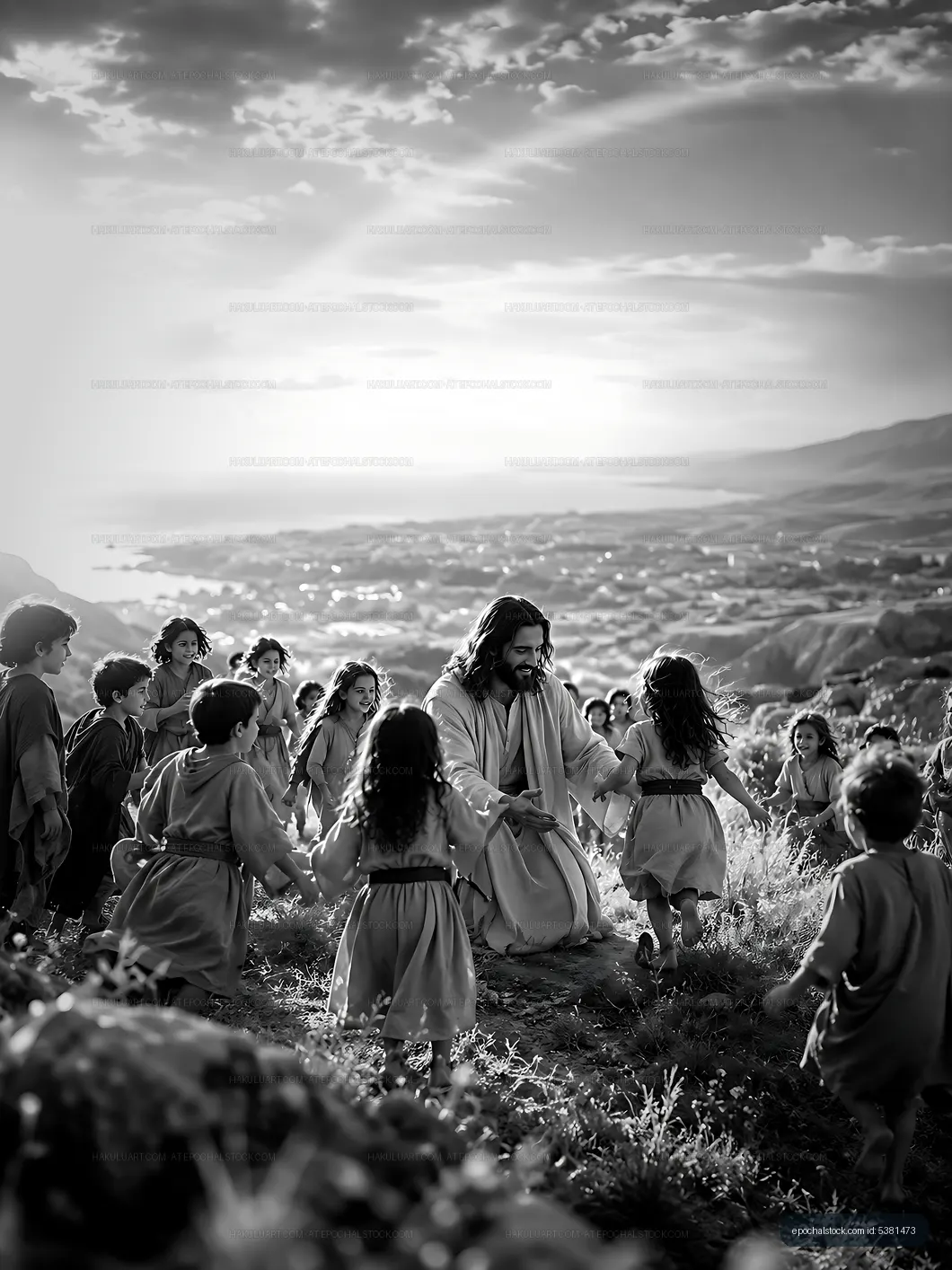 Jesus interacting with children in a scenic outdoor setting