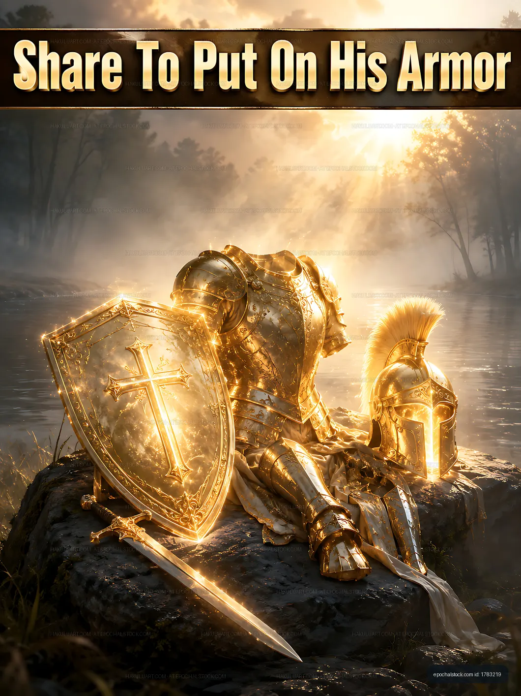 Golden knight armor displayed by the river at dawn