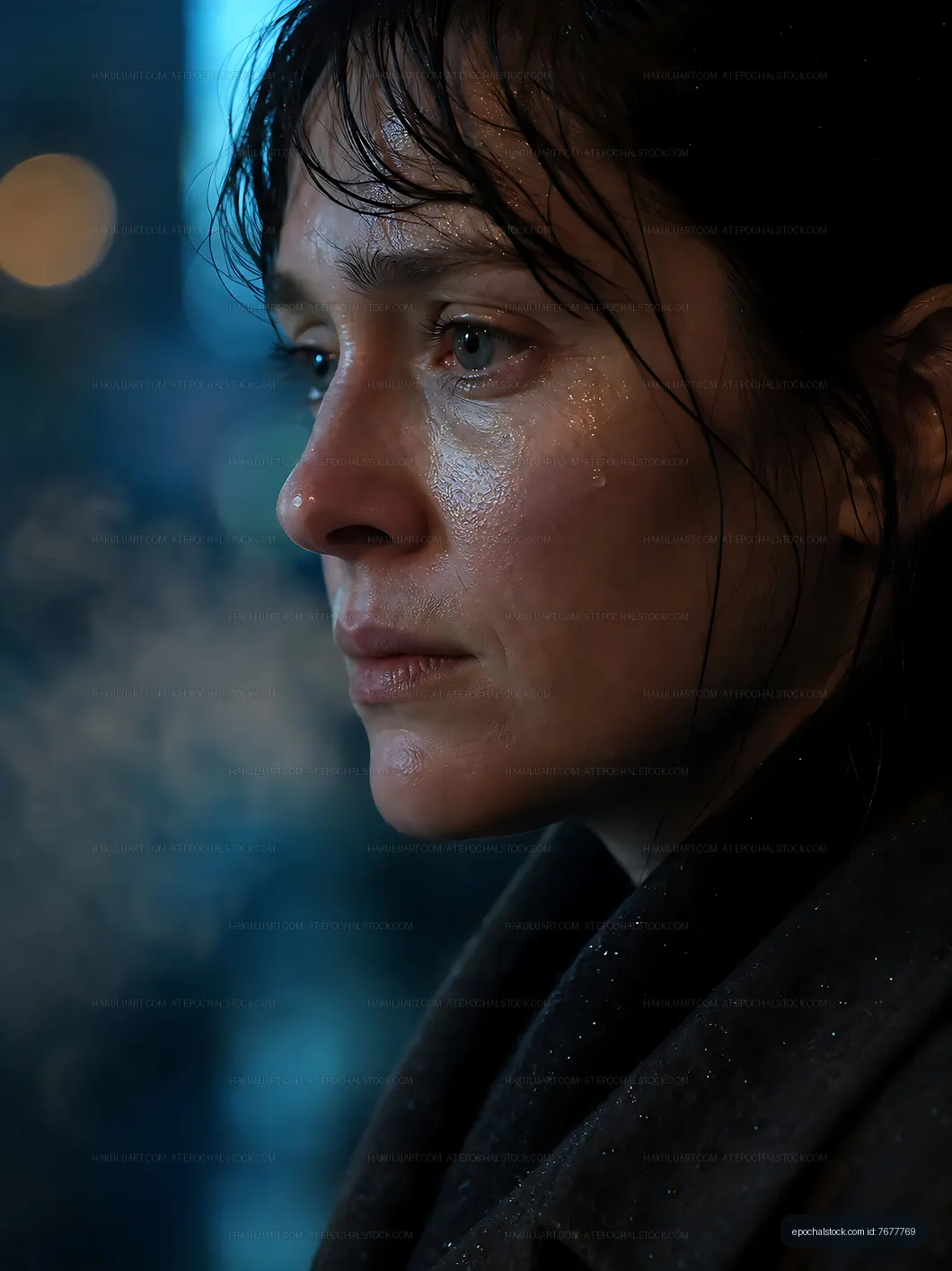Close-up of a woman with a serious expression in a dim setting
