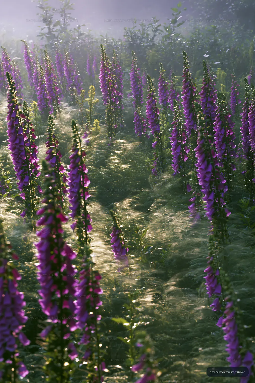 Purple foxglove flowers in a misty field at sunrise