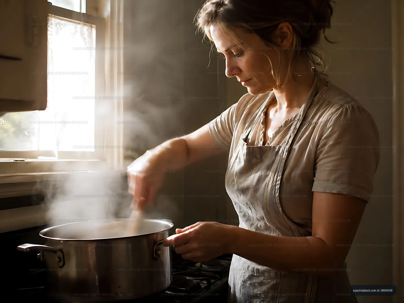 Woman cooking in a kitchen while stirring a pot on the stove