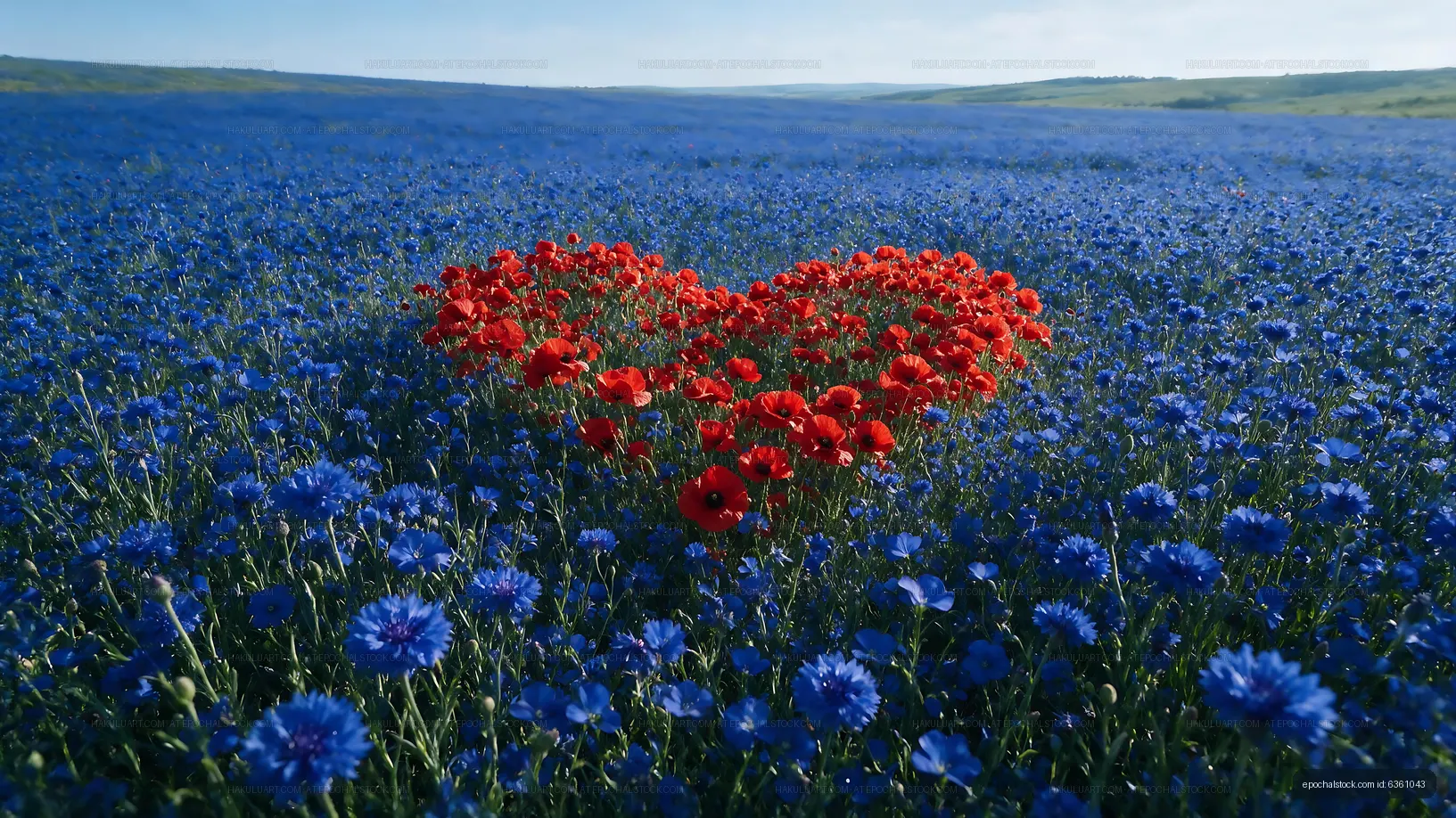 Red flowers in heart shape among blue blooms in a field