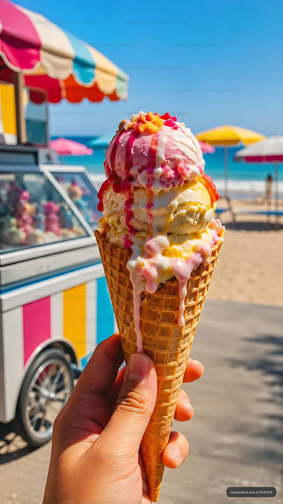 Colorful ice cream cone held at beachside vendor
