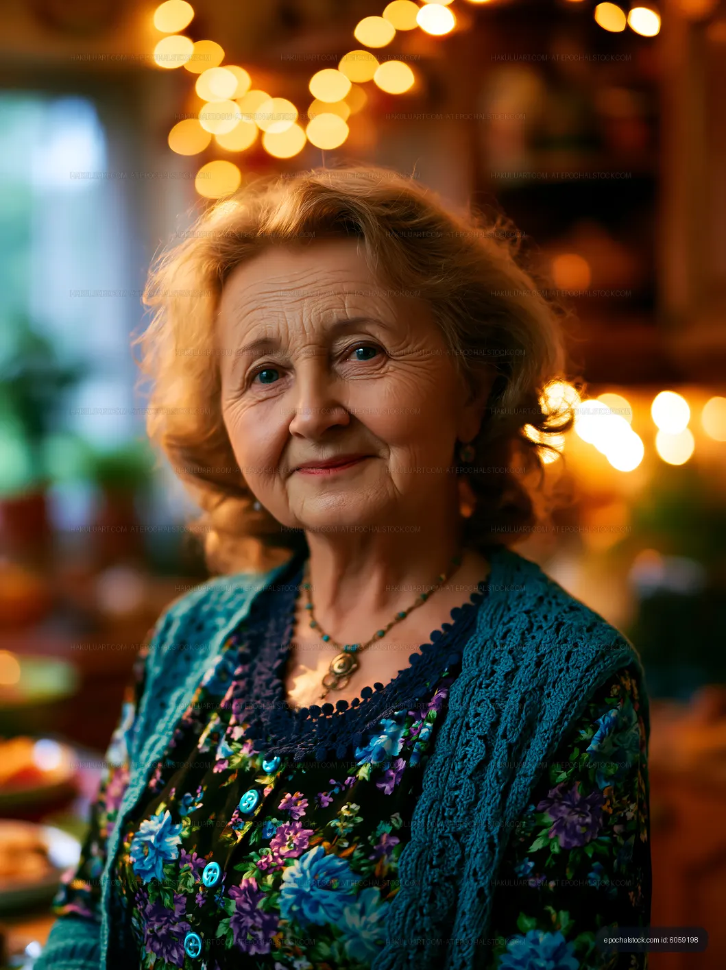 Smiling elderly woman in a cozy kitchen with warm lights