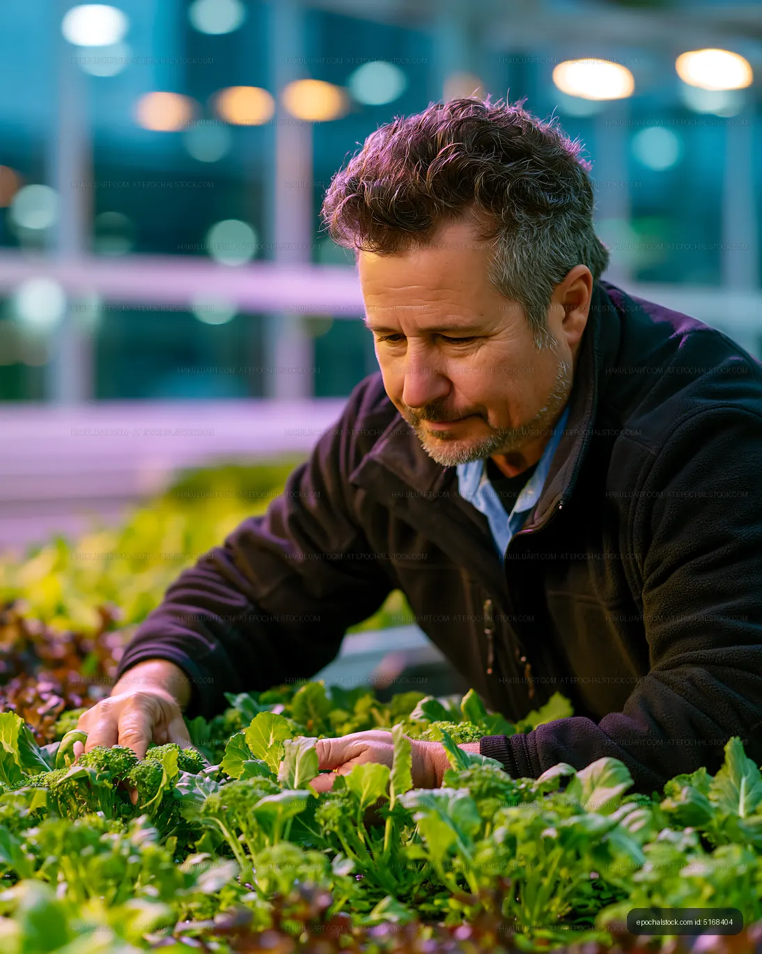 Man working in a greenhouse with fresh greens in evening light