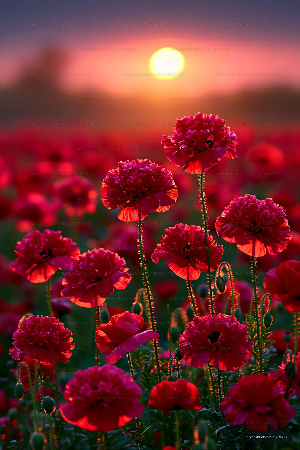 Bright red poppies during sunset in a flower field