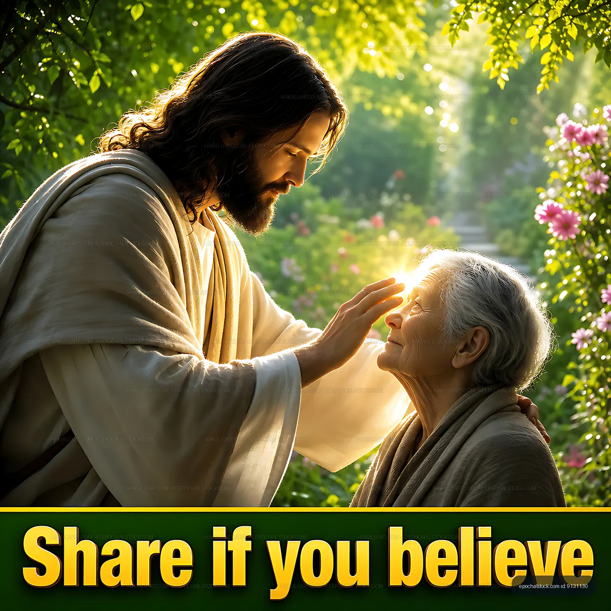 Jesus blessing an elderly woman in a garden setting