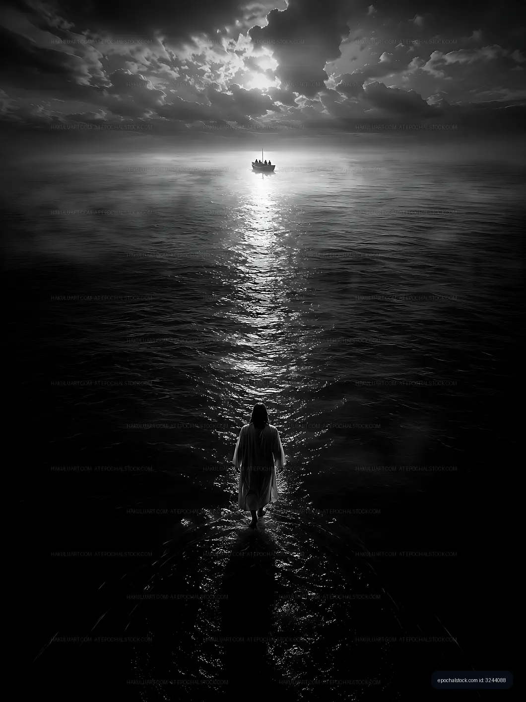 Figure walking on water towards distant boat in twilight