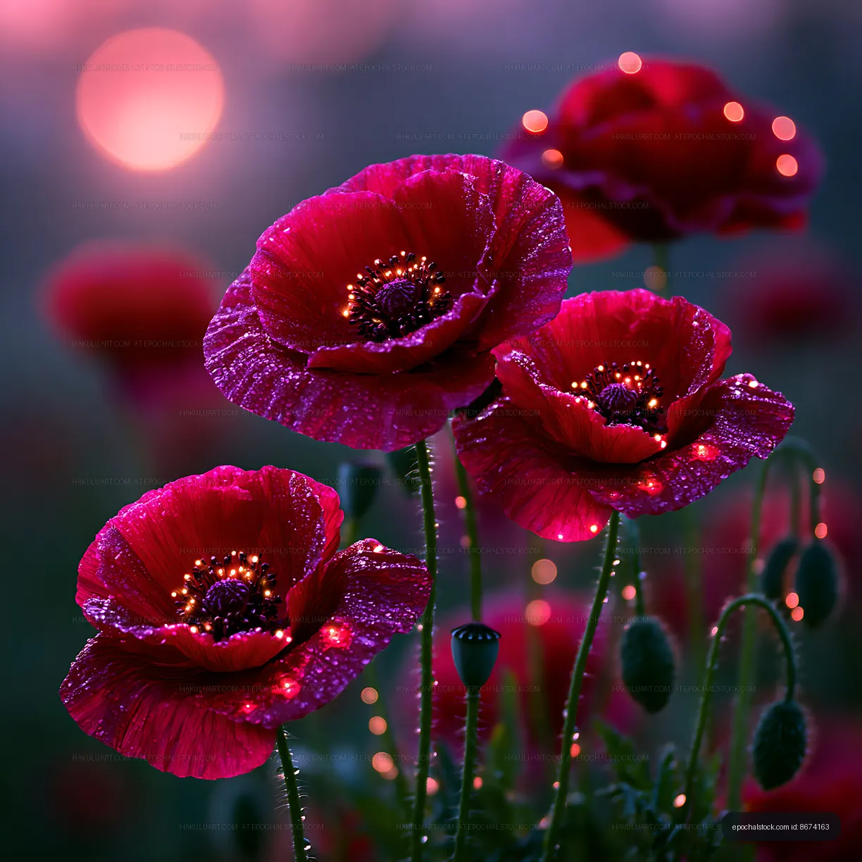 Red poppy flowers with dew in a field at sunset