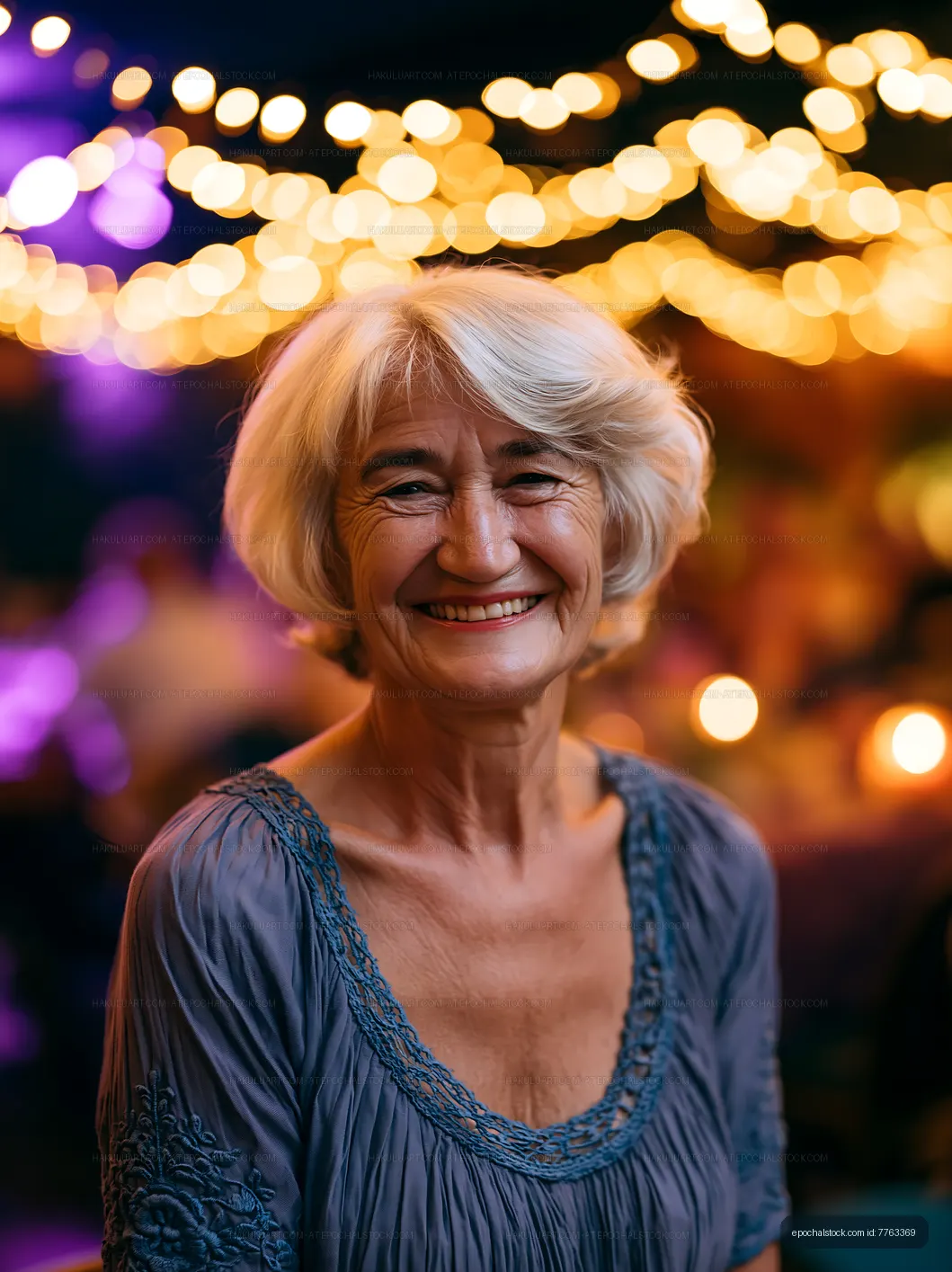 Smiling elderly woman in a colorful setting with string lights