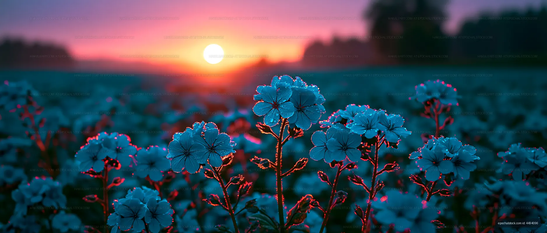 Colorful flowers bloom at sunset in a field